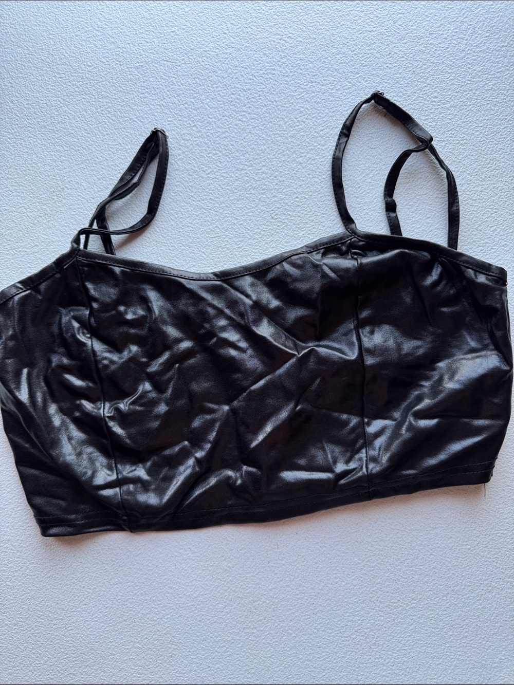 Sleek Black Faux Leather Cropped Cami Top